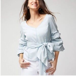 White House Black Market Light Blue Denim Ruffle Sleeve Blouse